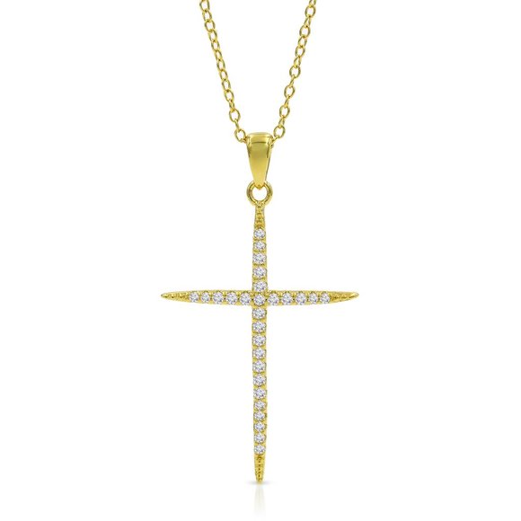 925 Sterling Silver Gold Plated Micro Pave Cross Pendant Necklace Cubic Zirconia - Picture 3 of 3